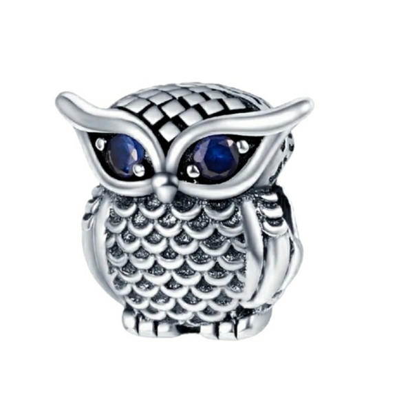 Owl Charm for Bracelet Sterling Silver 925 Owl Blue Zirconia Eyes Jewelry Gift - Picture 1 of 5